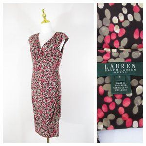 Lauren Ralph Lauren Womens Pink Brown Dot V-Neck Sheath Dress Size 8 Formal